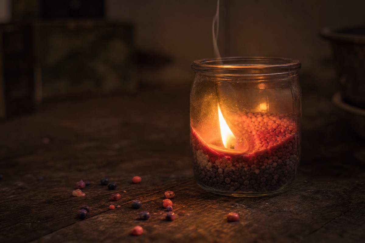 Plamen v kozarčku z granulatom gori blizu tanke steklene stene, razsuta voskova zrnca na mizi.