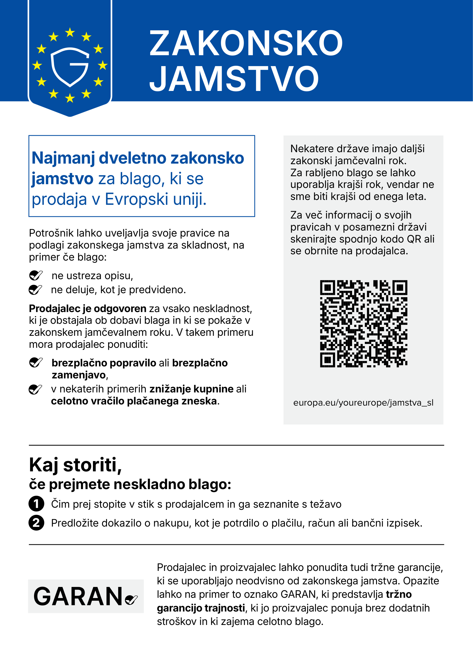 Obvestilo o zakonski dvoletni garanciji skladnosti v EU