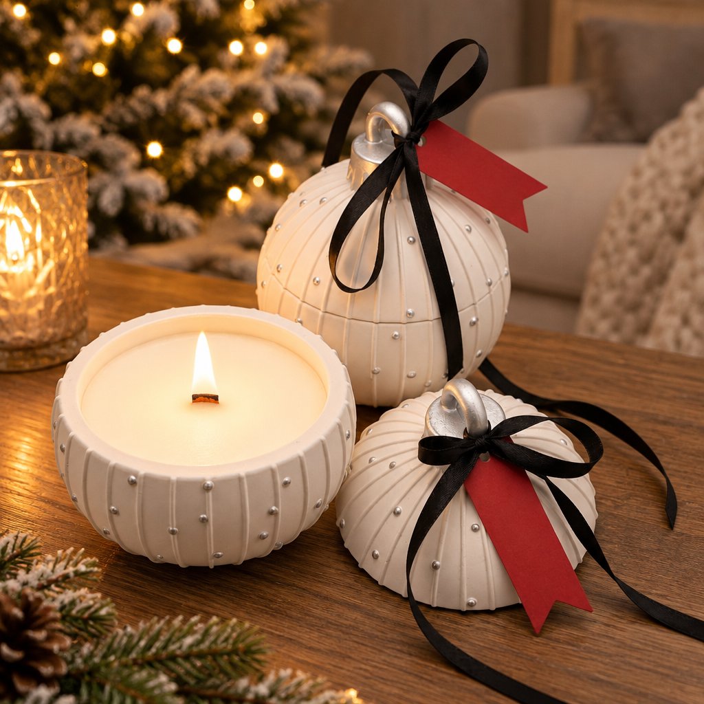Sveča Christmas Bauble Charming - Bela / Srebrna / Zimska Čarovnija